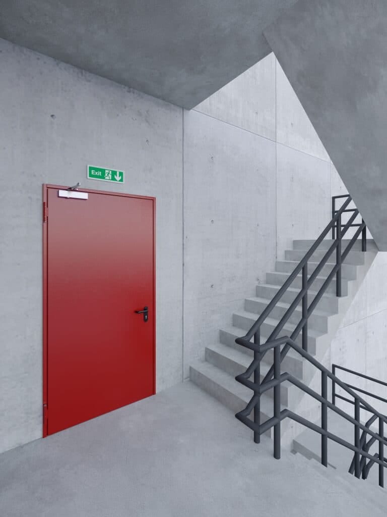 Papan tanda Exit hijau dengan ikon orang berlari di atas pintu darurat merah dalam ruangan beton minimalis.