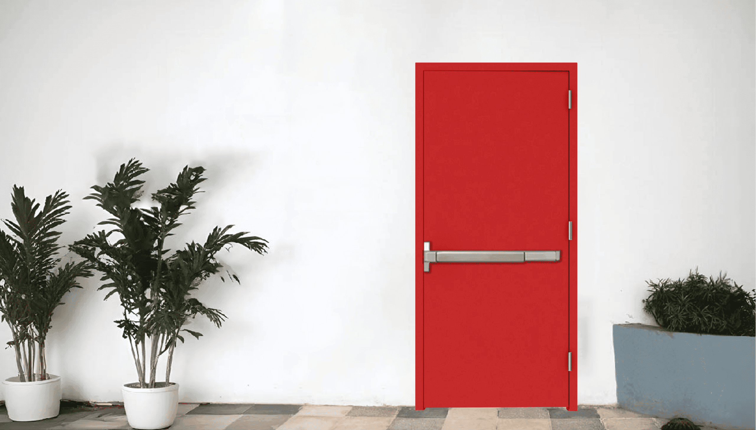 Pintu baja minimalis berwarna merah dengan handle panic bar modern di antara tanaman hias.