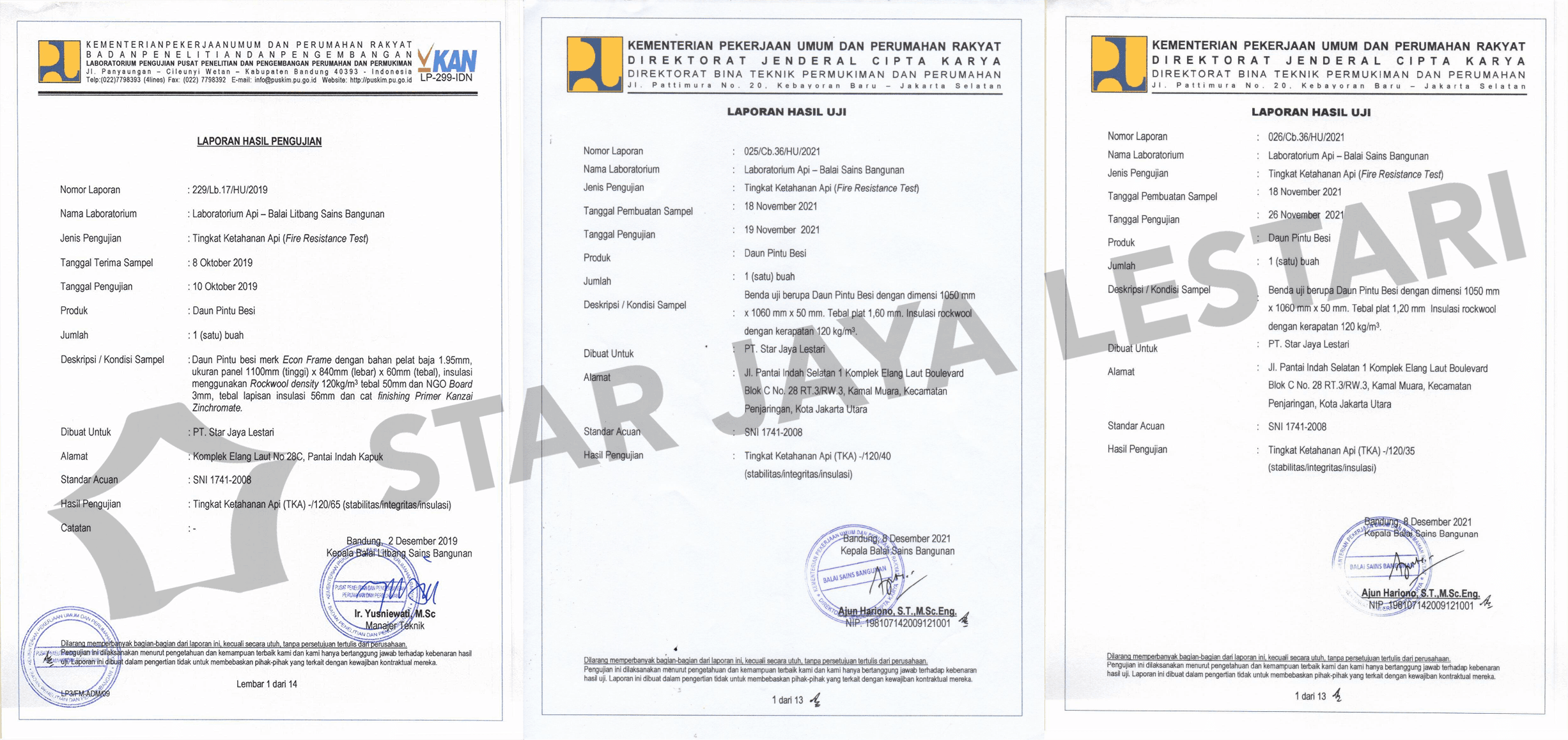 Laporan Hasil Uji Produk Fire-Rated Door Star Jaya Lestari