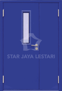 Pintu darurat besi warna biru dengan gagang silver merk Star Jaya Lestari untuk keamanan gedung.