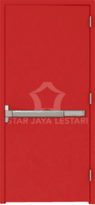 Pintu darurat besi warna merah dengan bar dorong (panic bar) merk Star Jaya Lestari untuk keamanan gedung.