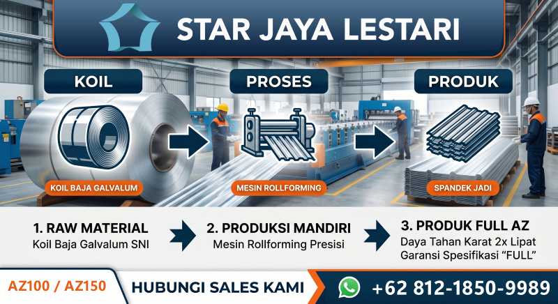Infografis proses produksi atap spandek galvalum JL Steel dari koil baja hingga produk jadi menggunakan mesin rollforming presisi.
