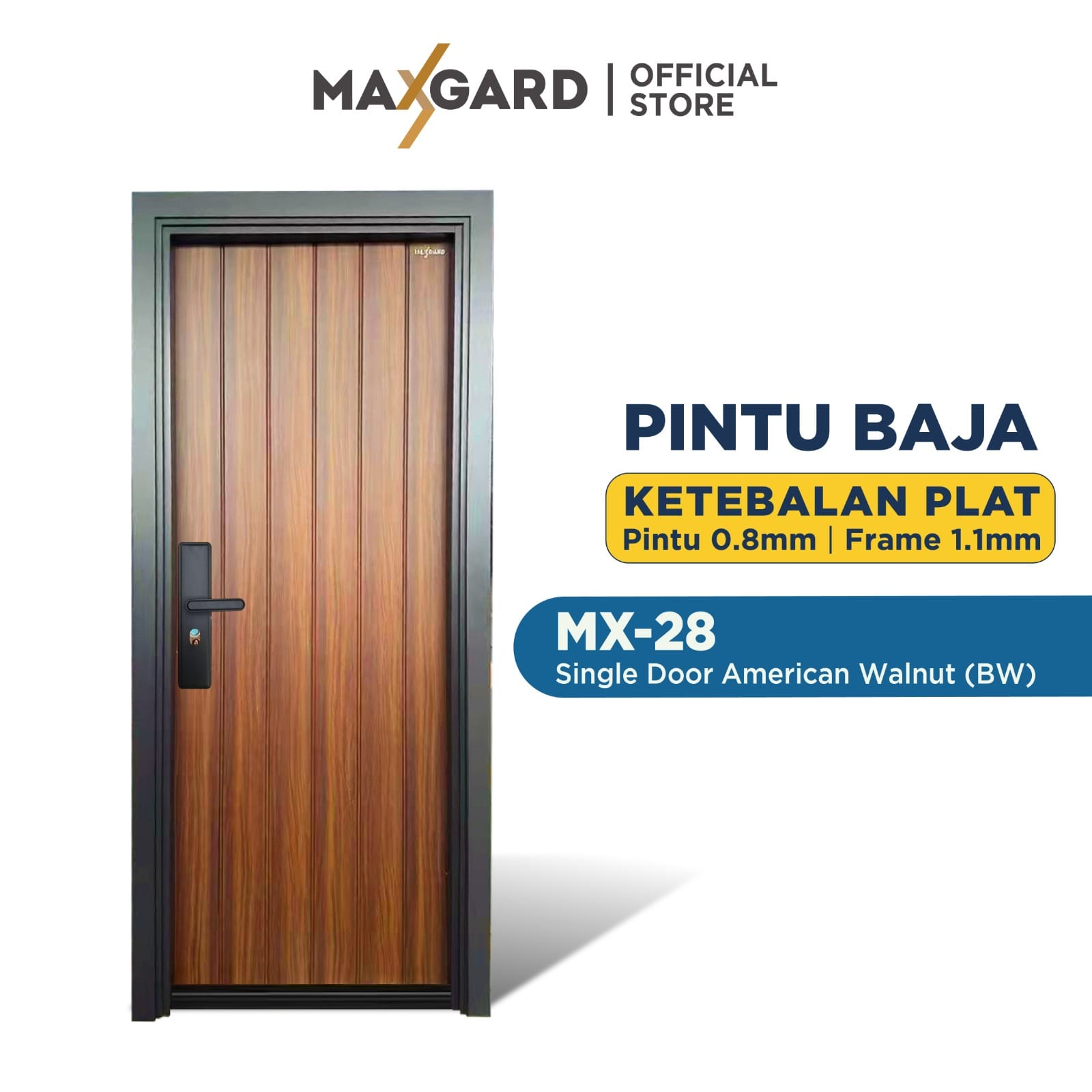 Pintu Baja Maxgard MX-28 Single Door motif kayu American Walnut dengan handle pintu pintar warna hitam.
