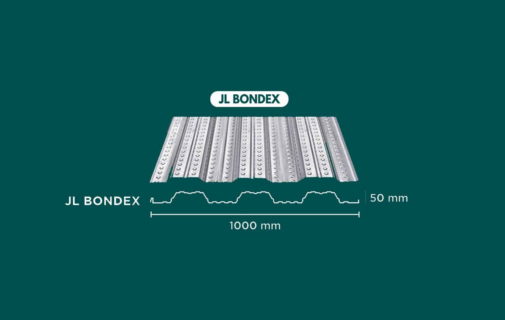Bondek JL Bondex plat lantai cor dengan lebar efektif 1000 mm dan tinggi gelombang 50 mm untuk konstruksi bangunan.